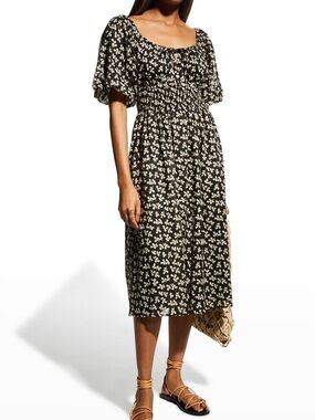 NWT Tory Burch Black Little Leaves Smocked Midi Beach Dress with Puff Sleeves